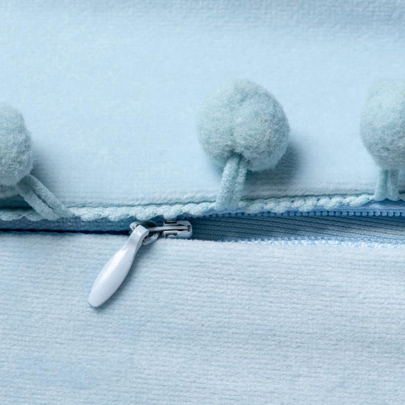 DEZENE Throw Pillow Cases 18x18 Light-Blue: 2 Pack Cozy Soft Pom-poms Velvet Square Decorative Pillow Covers for Farmhouse Home Decor - Image 2